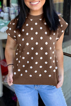 Brown Dolman Short Sleeve Round Neck Polka Dot Sweater