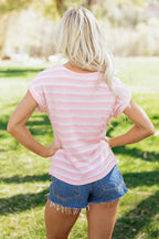 Pink Striped Print Waffle Knit T Shirt