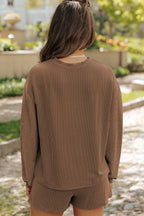 Casual Corded Knit Long Sleeve Top and High Waist Shorts Set