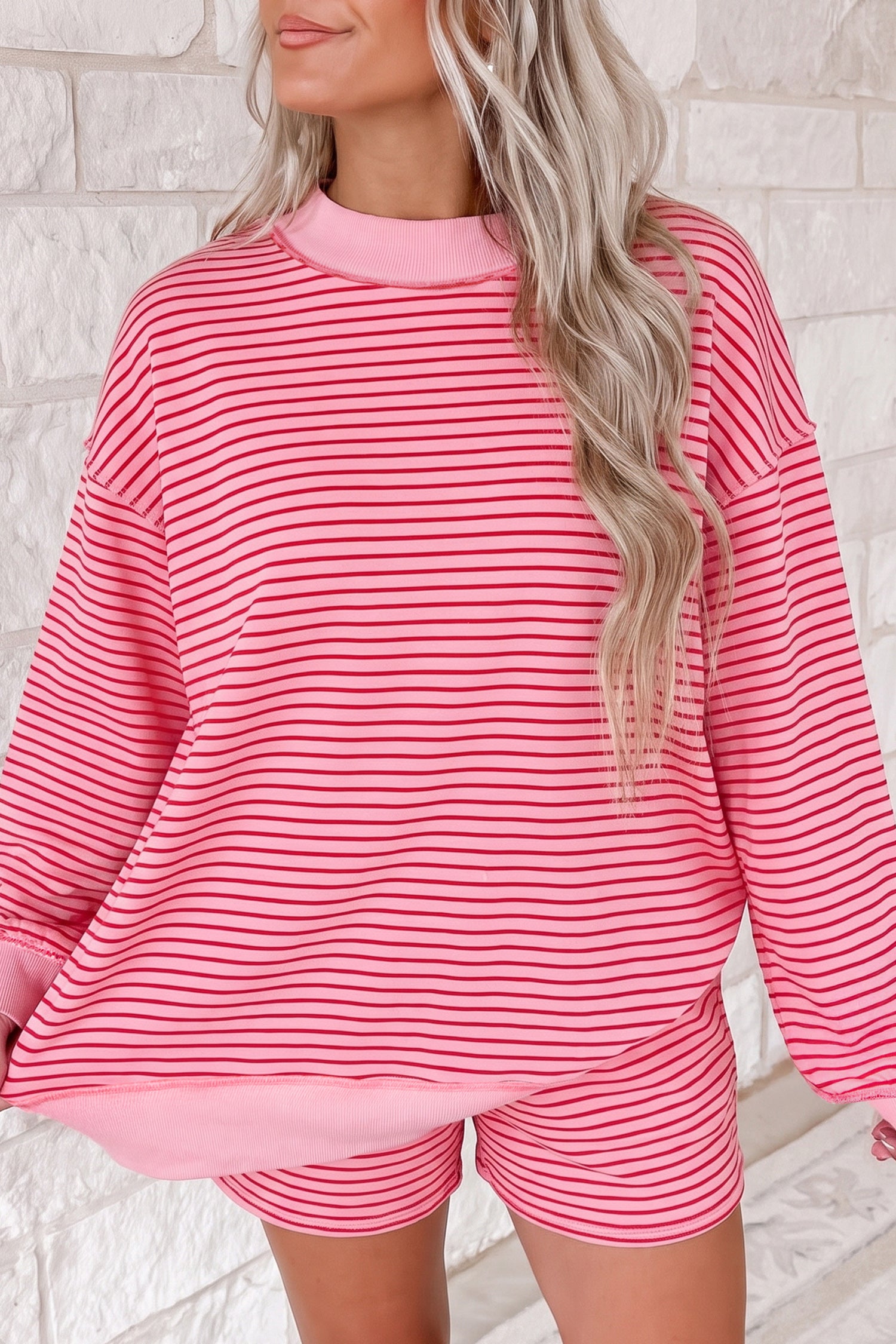 Pink Stripe Ribbed Patchwork Mock Neck Baggy Pullover Matching Shorts Set