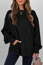 Jungle Green Solid Color Textured Round Neck Drop Shoulder Pullover Sweatshirt