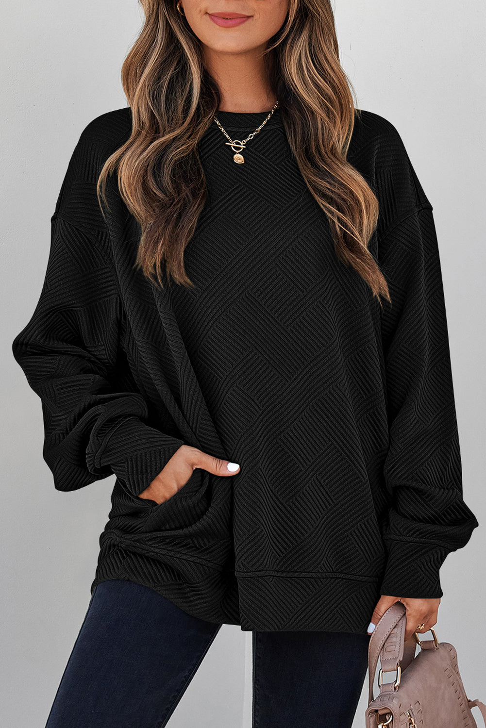 Jungle Green Solid Color Textured Round Neck Drop Shoulder Pullover Sweatshirt