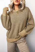 Khaki Geometric Print Drop Shoulder Round Neck Long Sleeve Sweater