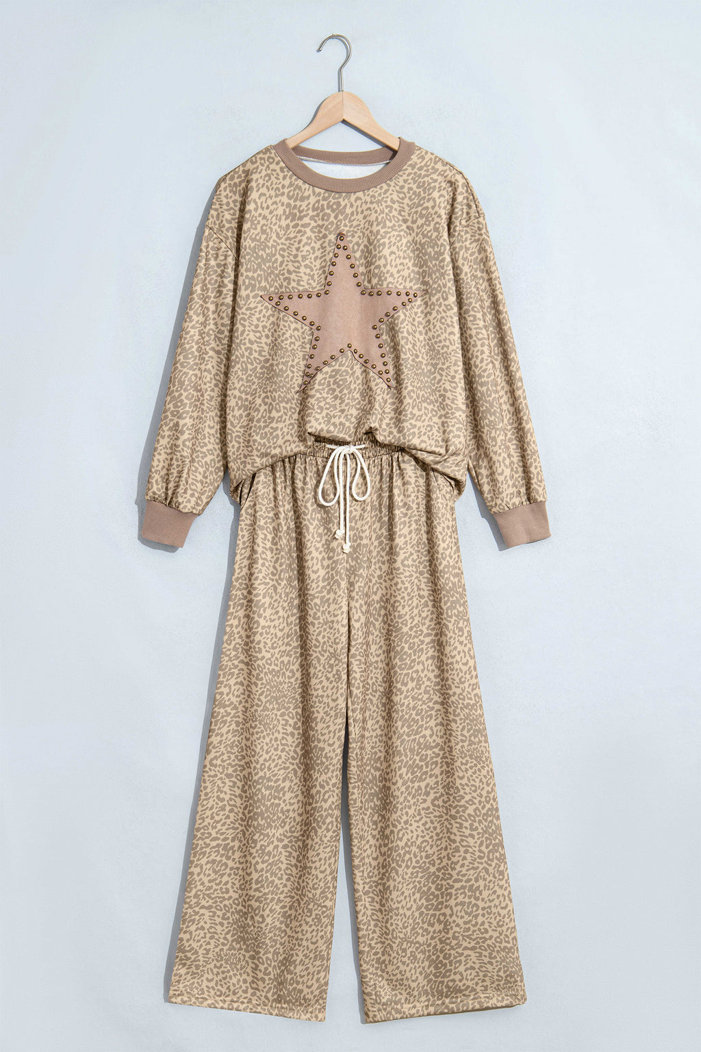 Khaki Leopard Star Print Long Sleeve Loose Casual Two Piece Pants Set