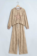 Khaki Leopard Star Print Long Sleeve Loose Casual Two Piece Pants Set