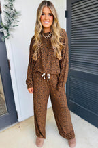 Brown Leopard Print Long Sleeve Top Relaxed Pant Set