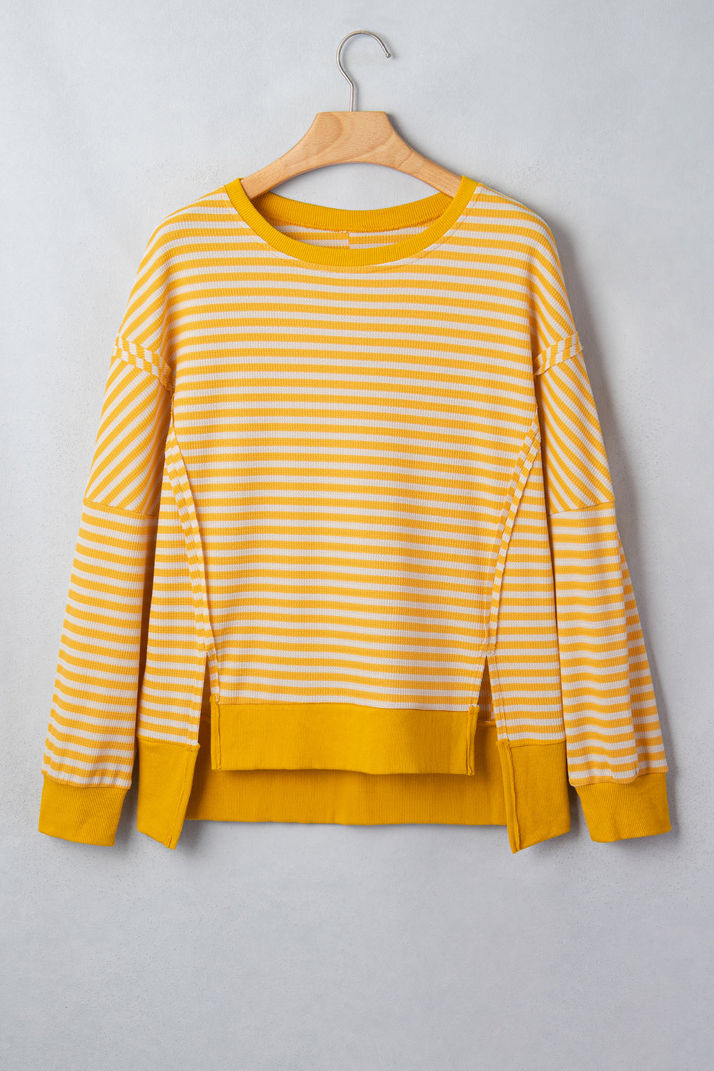 Khaki Stripe Textured Knit Color Block Trim Split Hem Long Sleeve Top