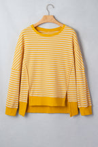 Khaki Stripe Textured Knit Color Block Trim Split Hem Long Sleeve Top