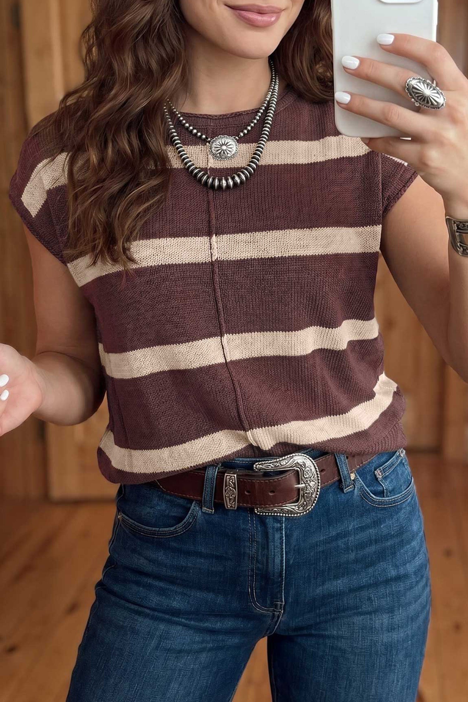White Stripe Knit Western Short Sleeve Sweater