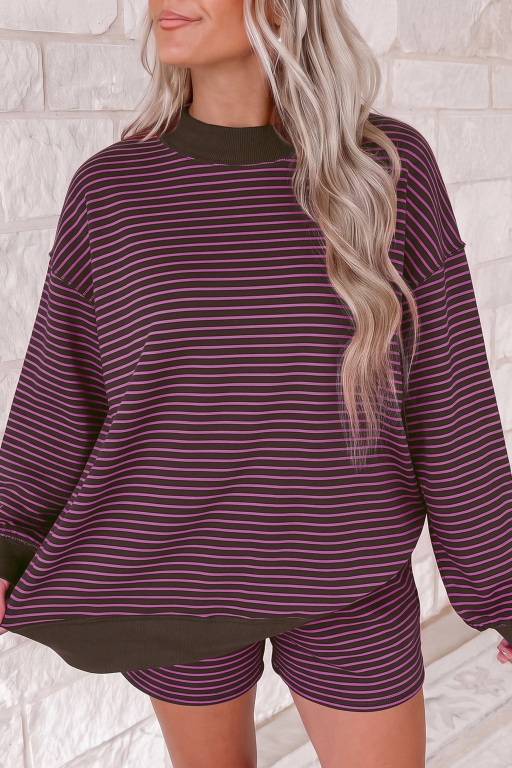 Pink Stripe Ribbed Patchwork Mock Neck Baggy Pullover Matching Shorts Set