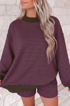 Pink Stripe Ribbed Patchwork Mock Neck Baggy Pullover Matching Shorts Set