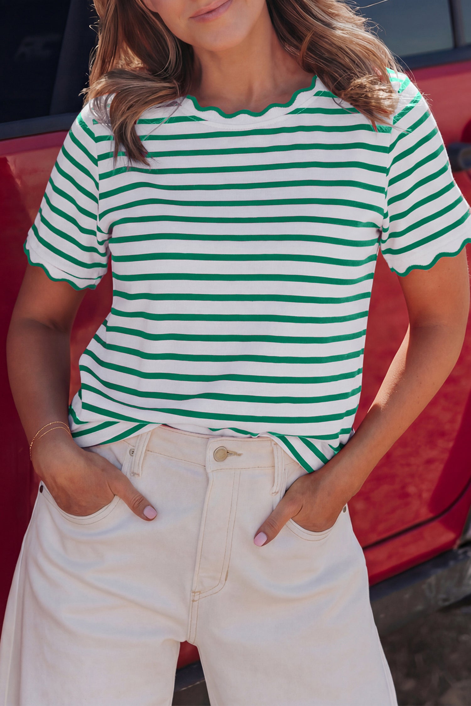 Pink Stripe Scalloped Trim Round Neck T Shirt