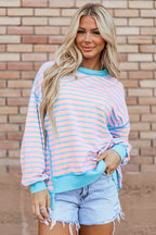 Sky Blue Stripe Contrast Trim High Low Pullover Tunic Sweatshirt