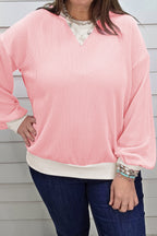 Pink Ribbed Knit Colorblock Long Sleeve Round Neck Plus Size Blouse