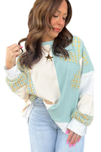 Light Blue Plaid Patchwork Round Neck Long Sleeve Top