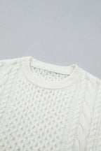 Beige Solid Color Cable Detail Knit Loose Round Neck Sweater