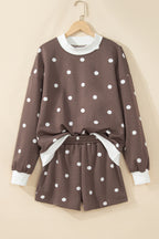 Brown Polka Dot Ribbed Trim Long Sleeve Top Casual Short Set