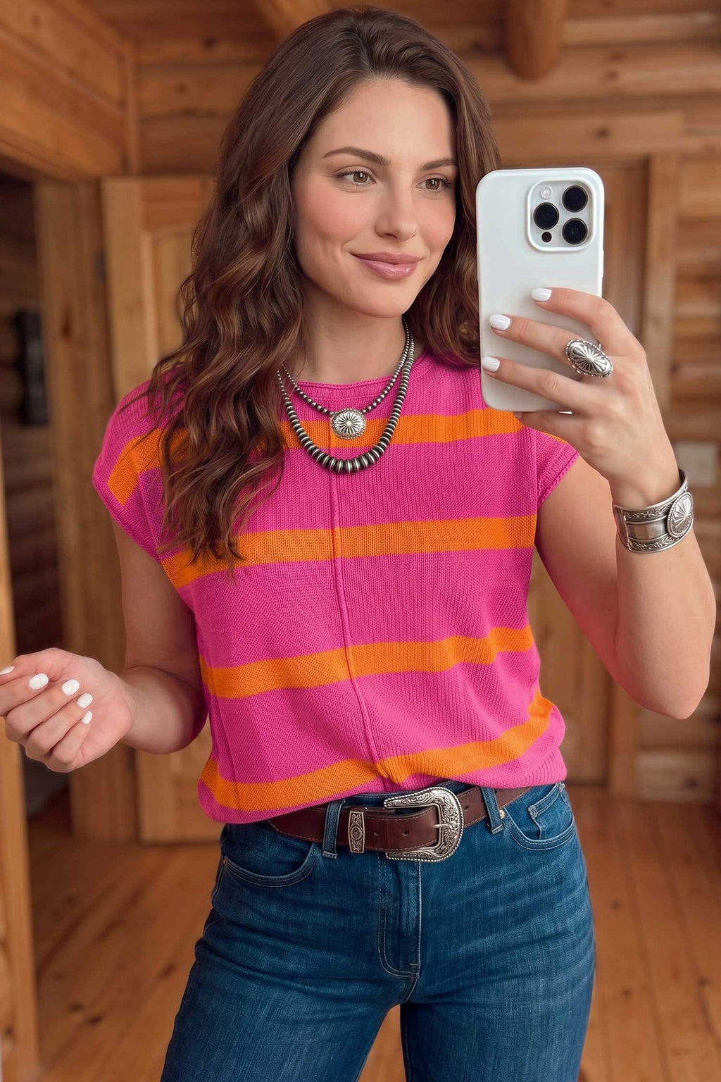 White Stripe Knit Western Short Sleeve Sweater