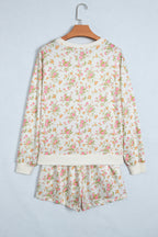 Beige Floral Print Long Sleeve Shift Top Pocketed Shorts 2pcs Set