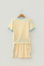 Yellow Ribbed Knit Color Block Trim Tee and Drawstring Skirt Set