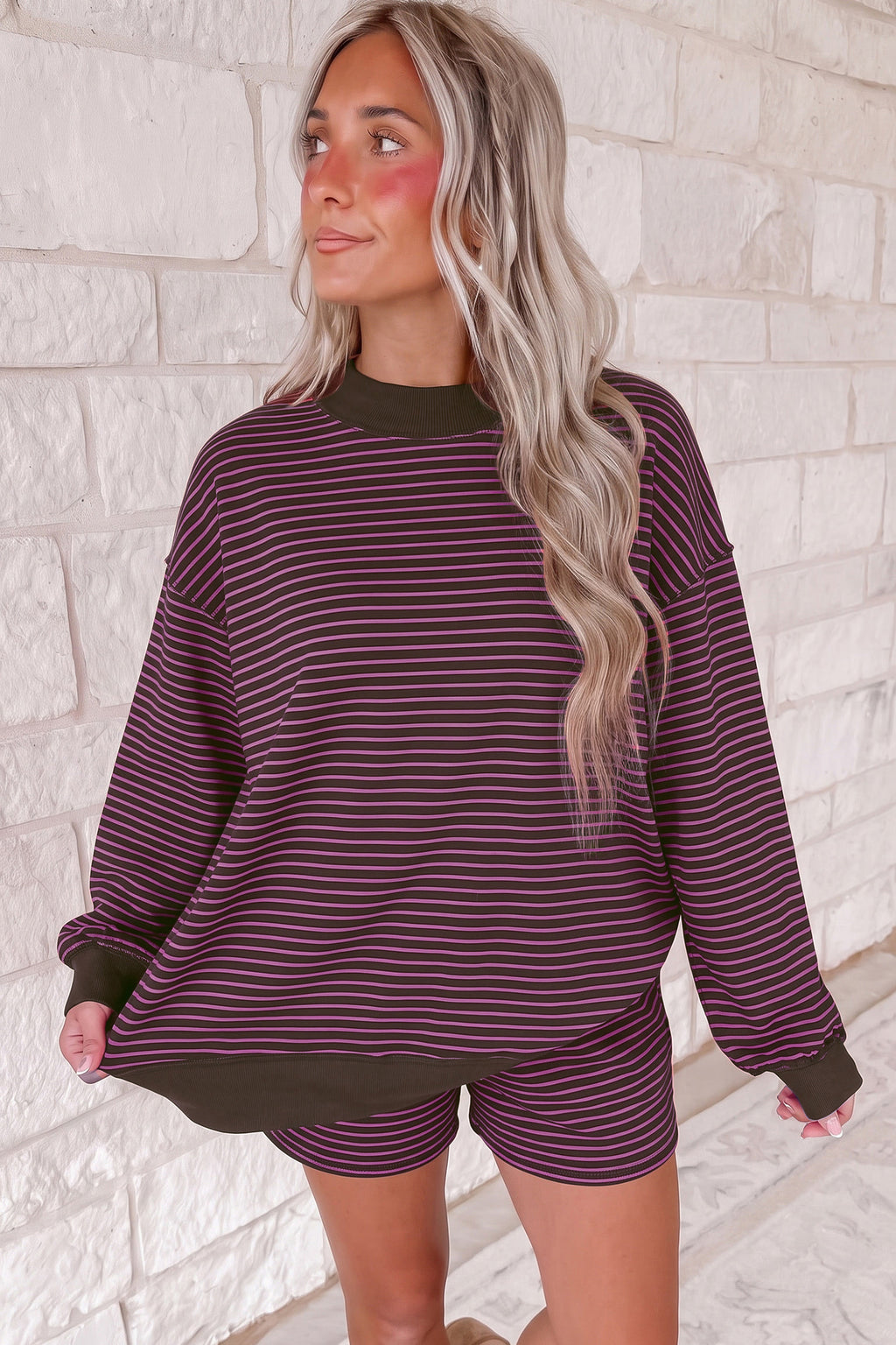 Pink Stripe Ribbed Patchwork Mock Neck Baggy Pullover Matching Shorts Set