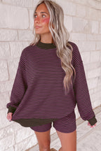 Pink Stripe Ribbed Patchwork Mock Neck Baggy Pullover Matching Shorts Set