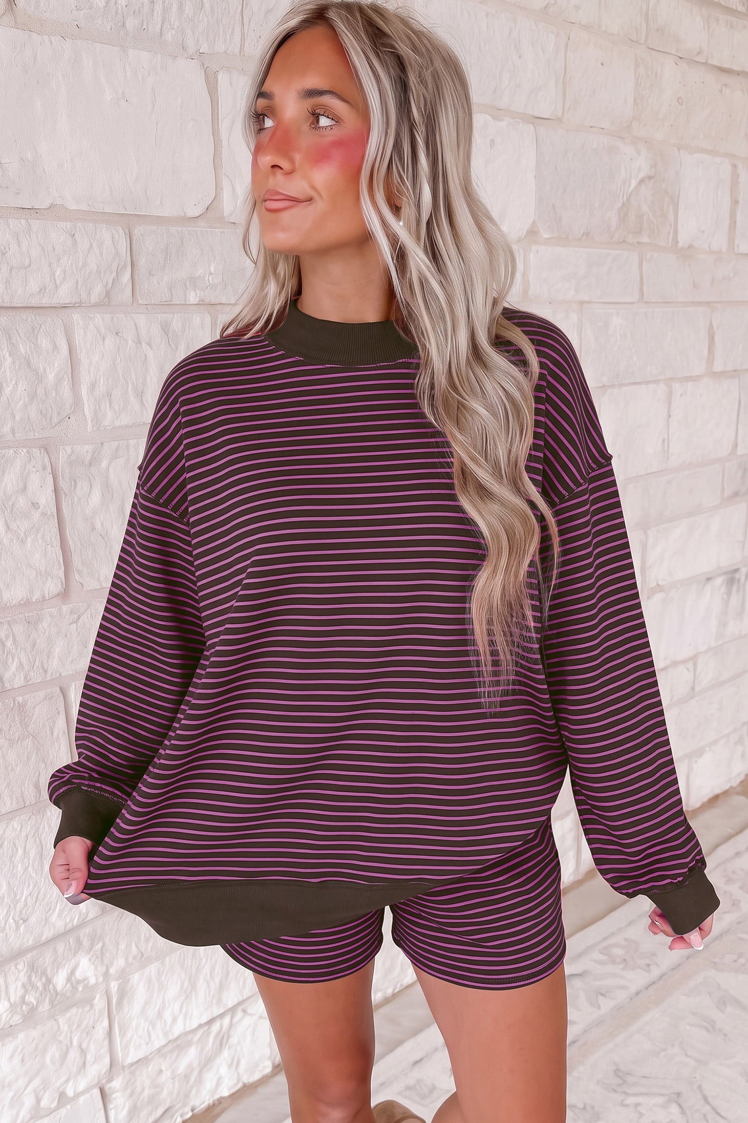 Pink Stripe Ribbed Patchwork Mock Neck Baggy Pullover Matching Shorts Set