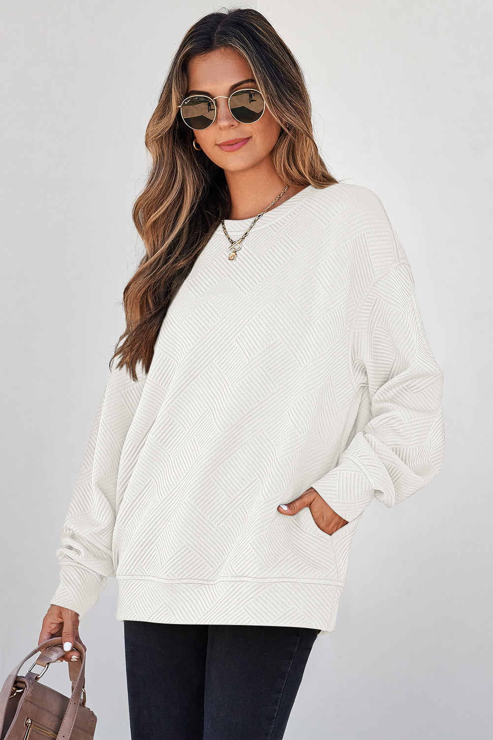 Jungle Green Solid Color Textured Round Neck Drop Shoulder Pullover Sweatshirt