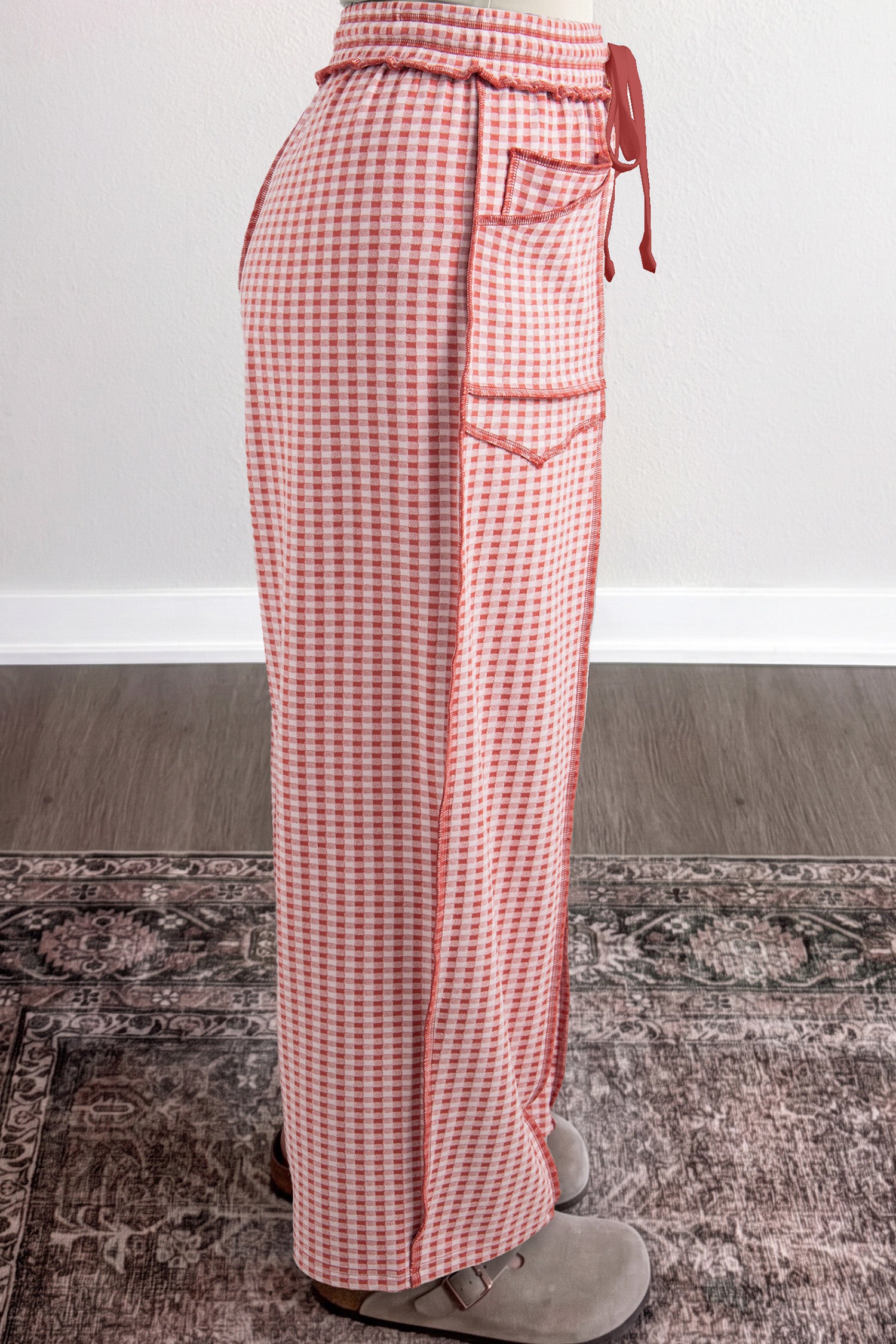 Green Plaid Contrast Trim Drawstring Elastic Waist Shift Pants