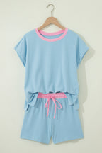Sachet Pink Soft Ribbed Color Block Trim Casual Short Set