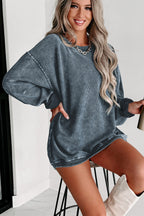 Gray Solid Ribbed Knit Round Neck Pullover Sweatshirt