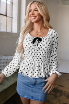 Black Polka Dot Puff Sleeve Bow Square Neck Peplum Top