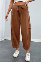 Coffee Corduroy Elastic Waist Drawstring Cargo Pants