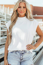 White Solid Color High Neck Cap Sleeve Loose Top