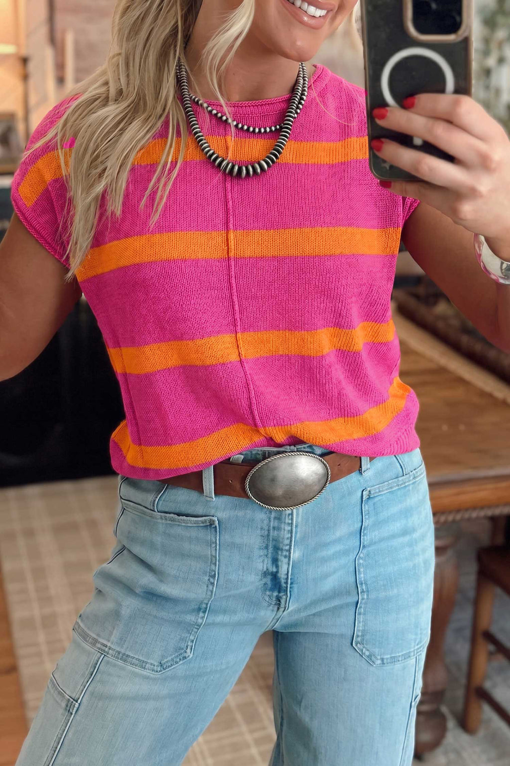White Stripe Knit Western Short Sleeve Sweater