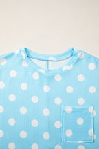 Sky Blue Polka Dot Patch Pocket Twisted Ribbed Top
