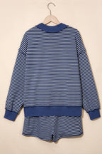 Pink Stripe Ribbed Patchwork Mock Neck Baggy Pullover Matching Shorts Set