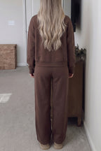 Coffee Solid Color Piping Trim Mock Neck Pullover Drawstring Pants Set