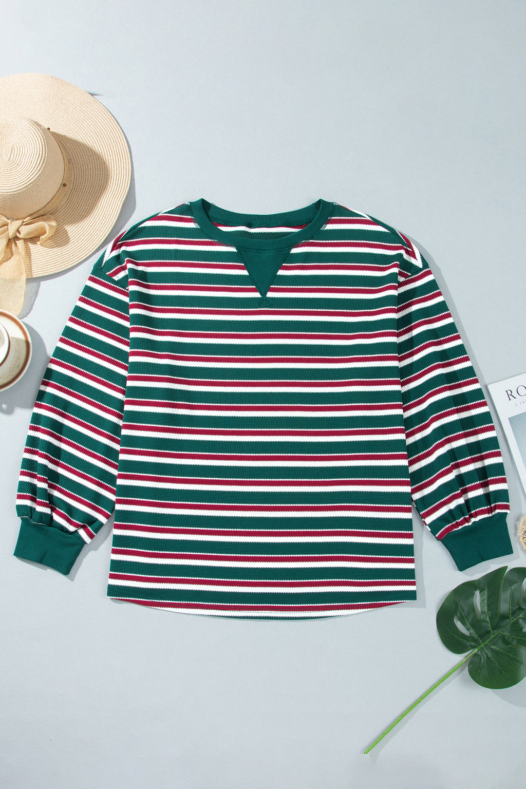 Green Stripe Striped Colorblock Round Neck Long Sleeve Shift Plus Size Sweatshirt