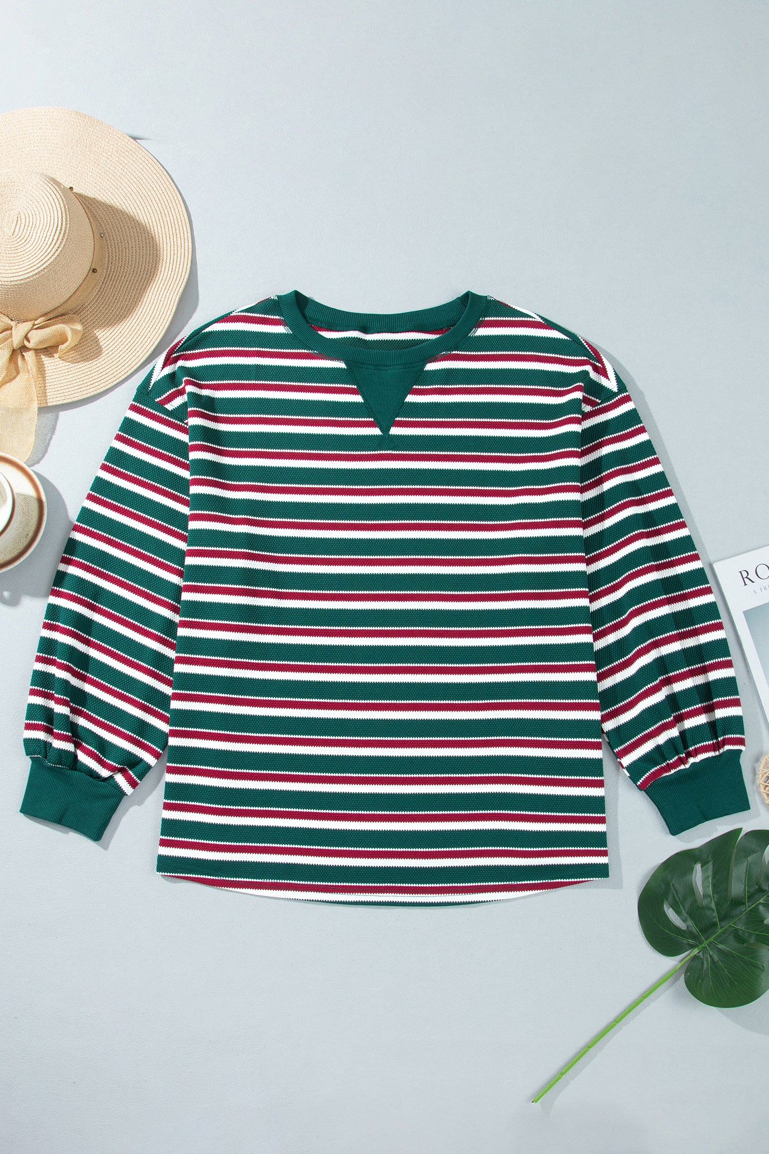 Green Stripe Striped Colorblock Round Neck Long Sleeve Shift Plus Size Sweatshirt