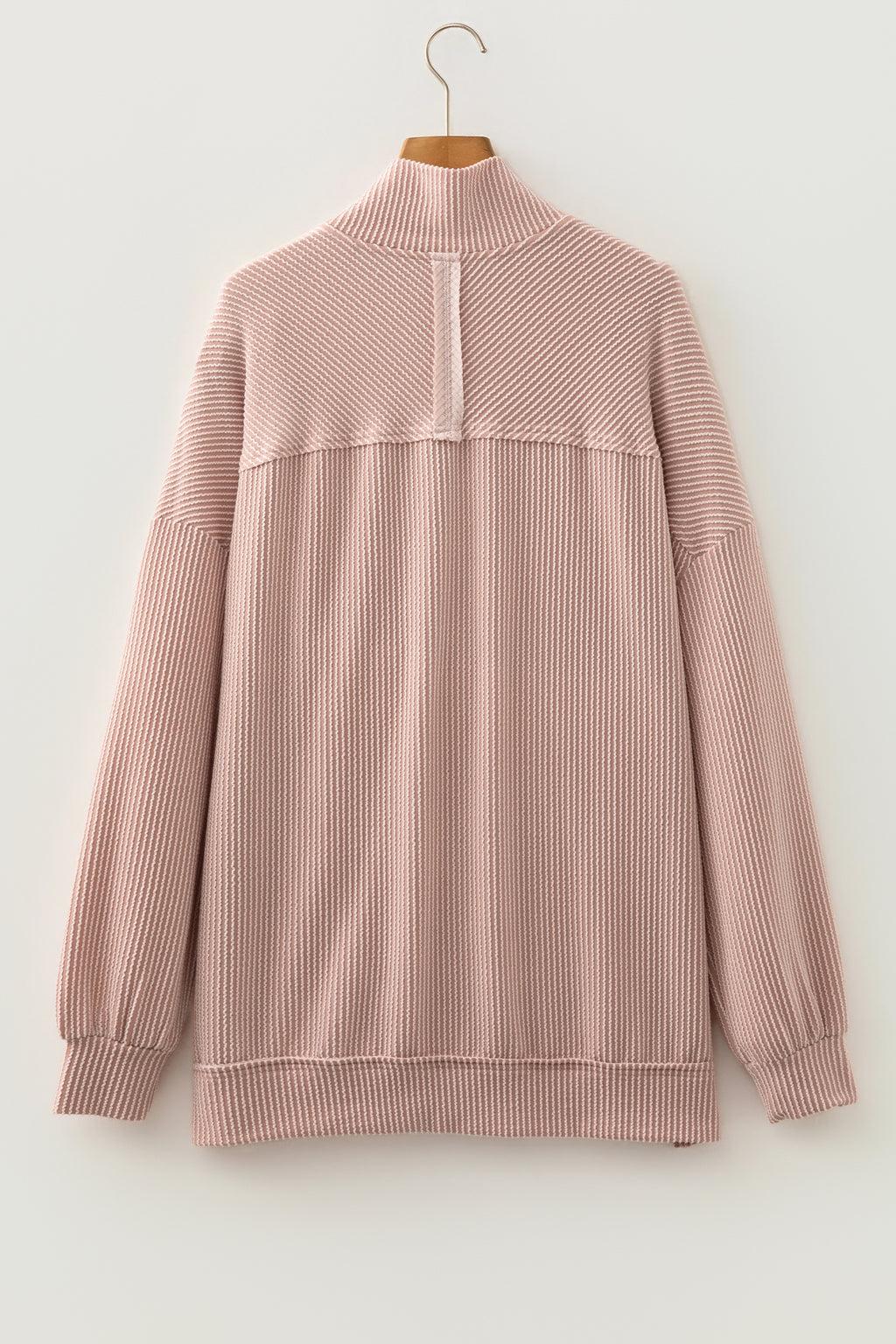Oatmeal Twist Ribbed Zipper Collar Drop Shoulder Long Sleeve Top