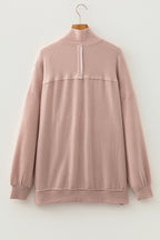 Oatmeal Twist Ribbed Zipper Collar Drop Shoulder Long Sleeve Top
