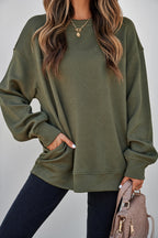 Jungle Green Solid Color Textured Round Neck Drop Shoulder Pullover Sweatshirt