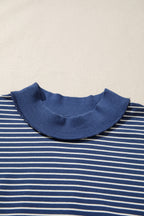 Pink Stripe Ribbed Patchwork Mock Neck Baggy Pullover Matching Shorts Set