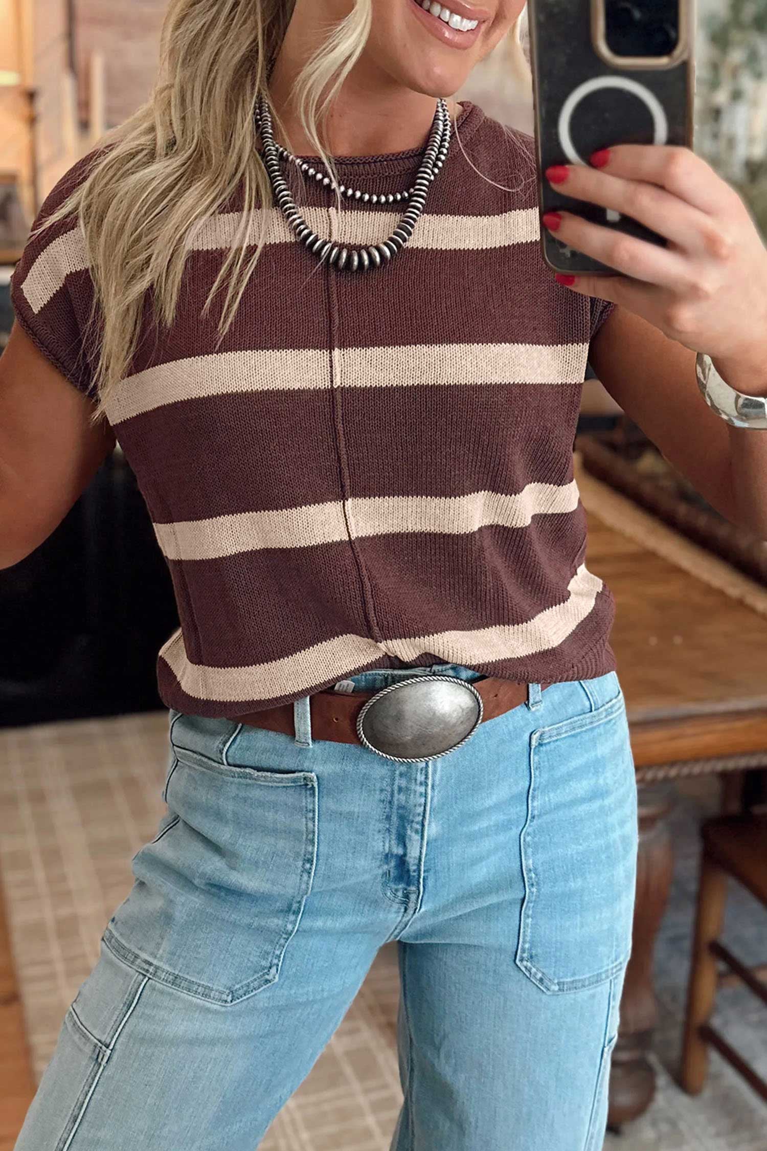 White Stripe Knit Western Short Sleeve Sweater