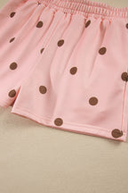 Brown Polka Dot Ribbed Trim Long Sleeve Top Casual Short Set