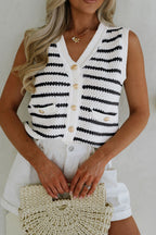 Sky Blue Stripe V Neck Gold Buttons Elegant Sweater Vest