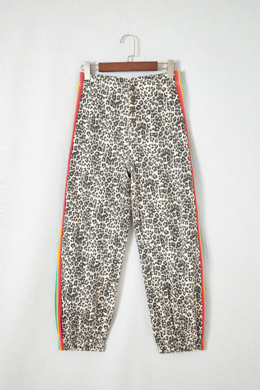 Brown Leopard Print Rainbow Striped Detail Buttoned Loose Jogger Jeans