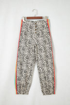 Brown Leopard Print Rainbow Striped Detail Buttoned Loose Jogger Jeans