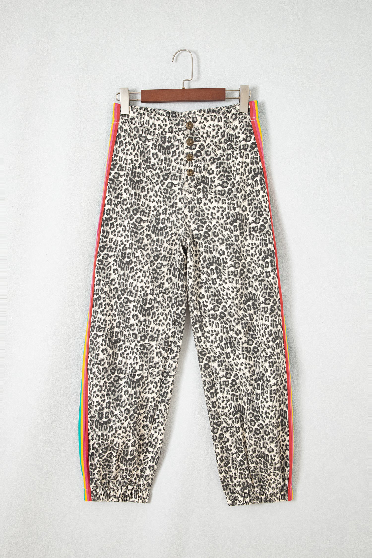 Brown Leopard Print Rainbow Striped Detail Buttoned Loose Jogger Jeans